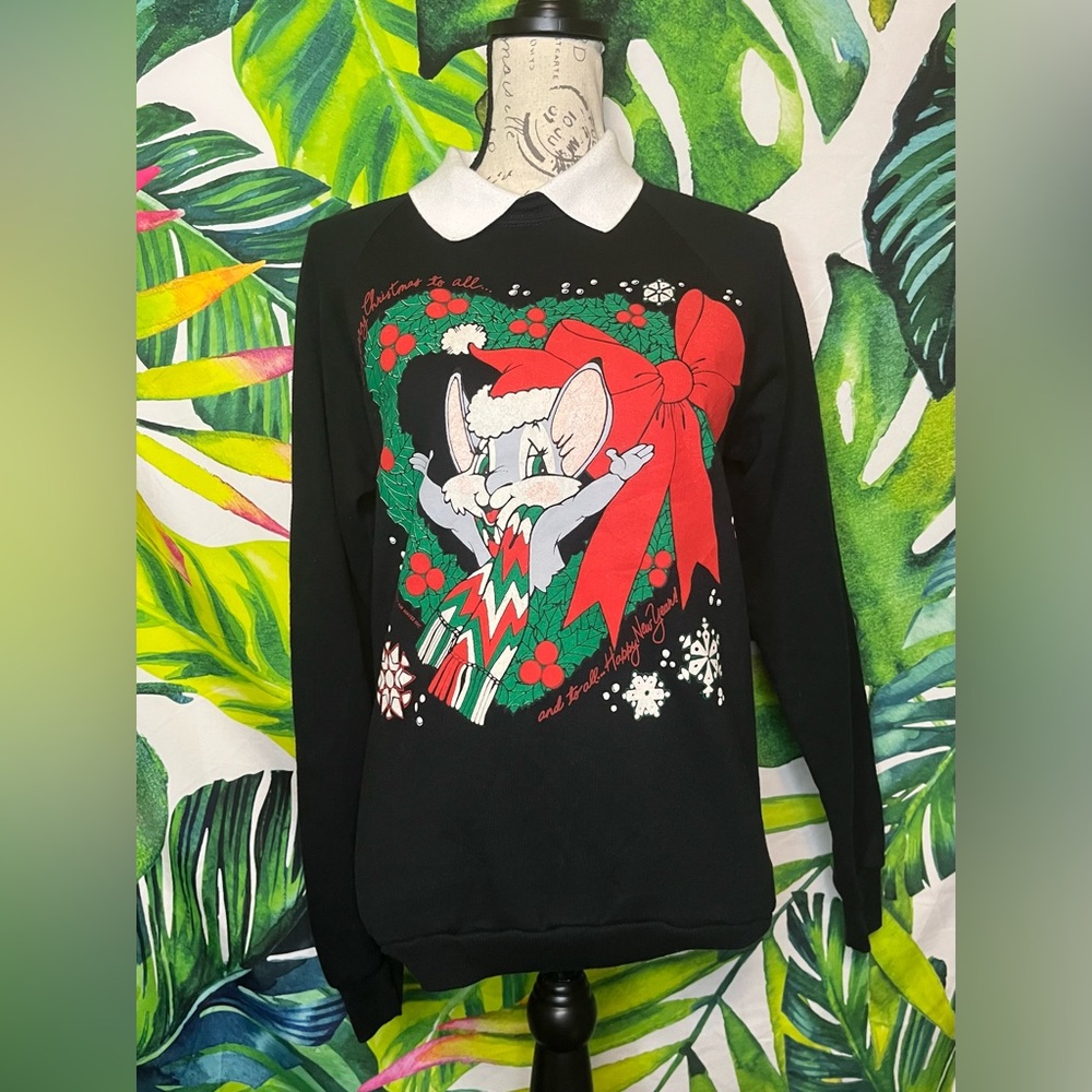 Vintage 80s Jerzees M Black Red Green Christmas Happy Holidays Mouse Sweashirt